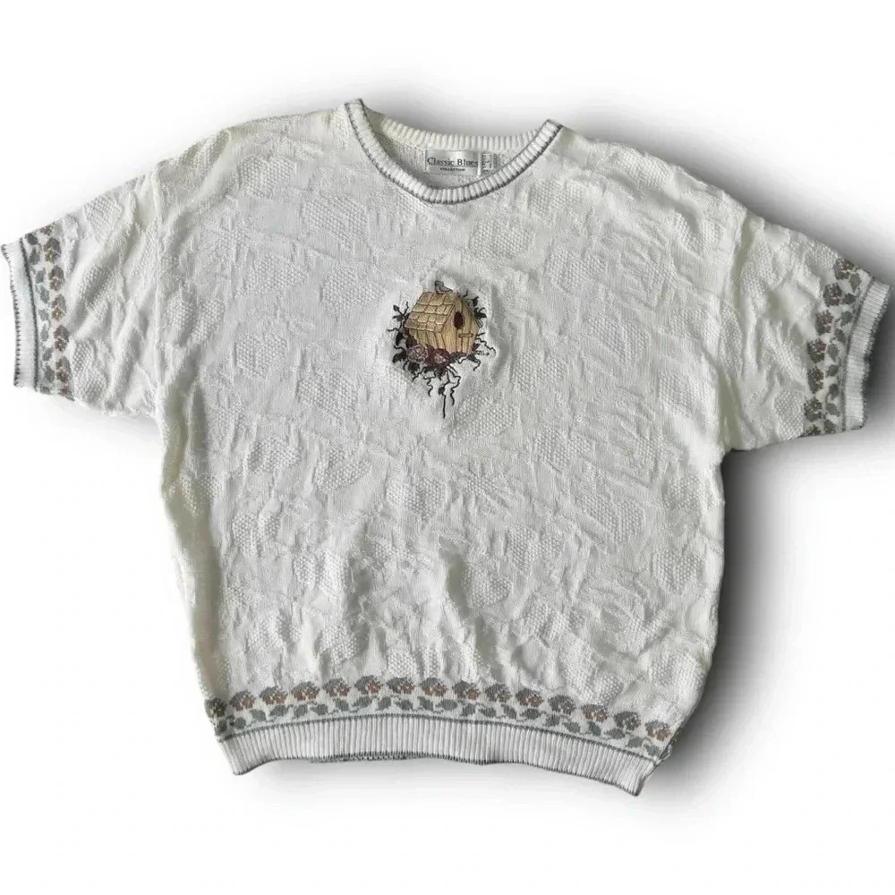 Vtg Cottagecore Short‎ Sleeve Sweater Embroidered Birdhouse Garden Floral USA L